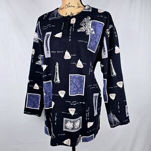 CHAUS SPORT Nautical Print Long Sleeve Henley Shirt Women's Size‎ L Navy Sailing